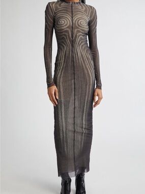 Jean Paul Gaultier Sheer Long-Sleeve Sculpted Maxi Dress in Grey, Ecru & black
